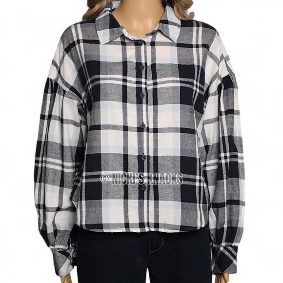 Sanctuary Nordic Plaid Cropped Button Down Long Sleeve Cotton Shirt Size S - Picture 3 of 10